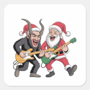 Adesivo Quadrado Krampus e Papai Noel Tocando Guitarra Elétrica de