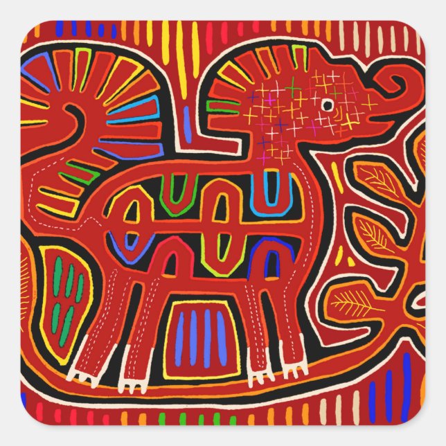 Adesivo Quadrado Kuna Indian Baby Elephant - Mola Folk Art (Frente)
