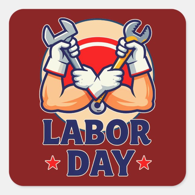 Adesivo Quadrado Labor Day Strong Worker Hands Illustration (Frente)