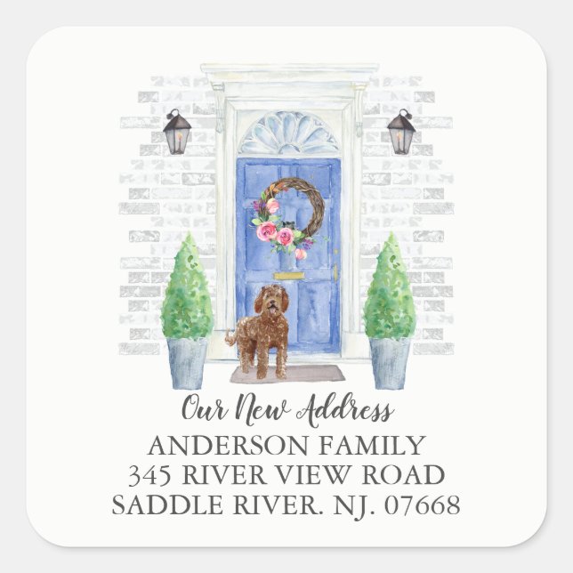Adesivo Quadrado Labradoodle Blue Door New Address Label Sticker (Frente)