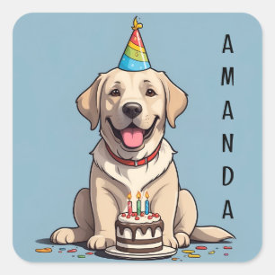Adesivo Quadrado Labrador Amarelo bonito com Bolo de Aniversário