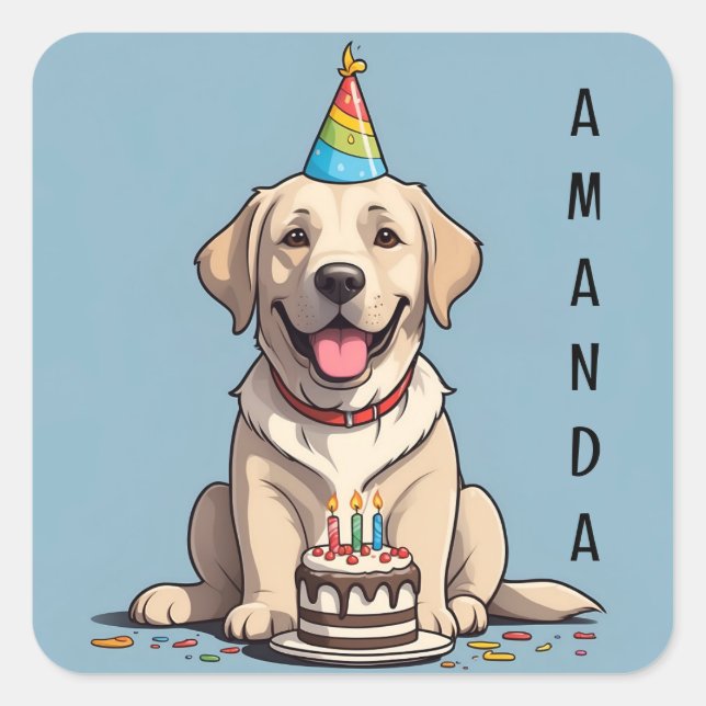 Adesivo Quadrado Labrador Amarelo bonito com Bolo de Aniversário (Frente)