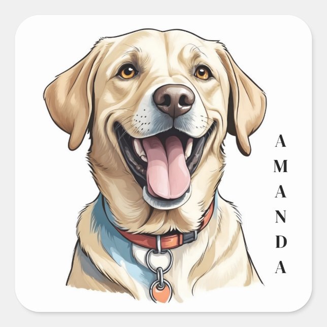 Adesivo Quadrado Labrador Amarelo Sorridente com Colar Laranja (Frente)