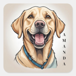 Adesivo Quadrado Labrador Amarelo sorridente com uma coleira azul