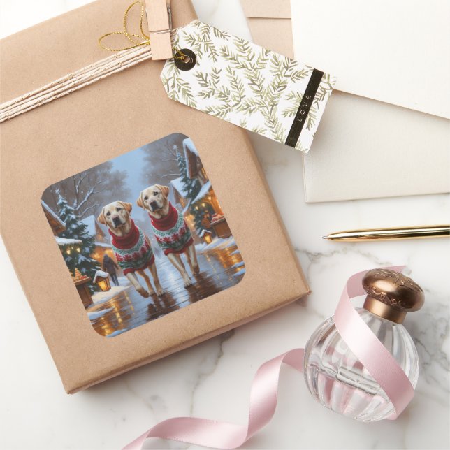 Adesivo Quadrado Labrador Dogs Christmas Snow Holiday (Presentear)