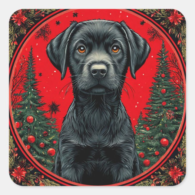 Adesivo Quadrado Labrador Preto de Natal com Árvores Festivas (Frente)