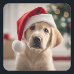 Adesivo Quadrado Labrador Retriever Christmas<br><div class="desc">Cute Labrador Retriever filhote vestindo um chapéu de Papai Noel.</div>