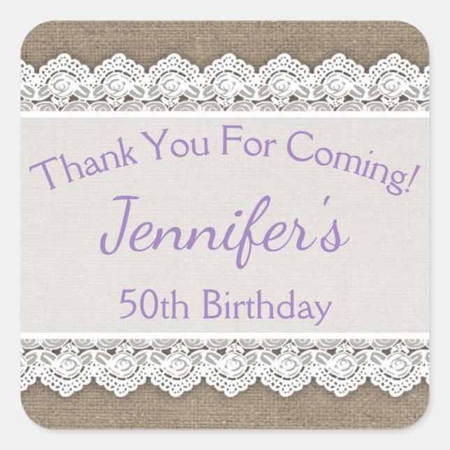 Adesivo Quadrado Lace Birthday Obrigado A Favorecer Lavanda Lilac (Frente)