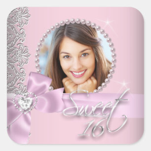 Adesivo Quadrado Lace Branco Rosa Sweet Sixteen Foto Doce 16