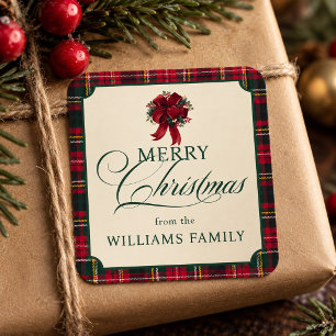 Adesivo Quadrado Laço de Natal da Família Xadrez Vermelho Tartan