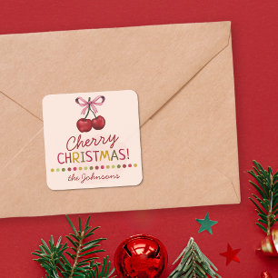Adesivo Quadrado Laço Rosa Fofo e Doce Cereja Vermelha de Natal 