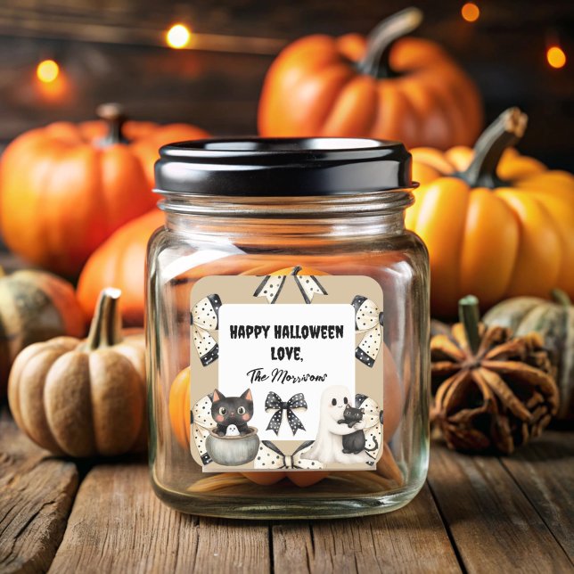 Adesivo Quadrado Laços de Coquete Halloween (Cute Cats and Ghosts Square Label)