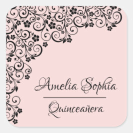 Adesivo Quadrado Lacy Elegant Quinceañera Blush Pink and Black