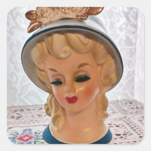 Adesivo Quadrado Lady Head Vase Blonde Teen Blue Hat Flower