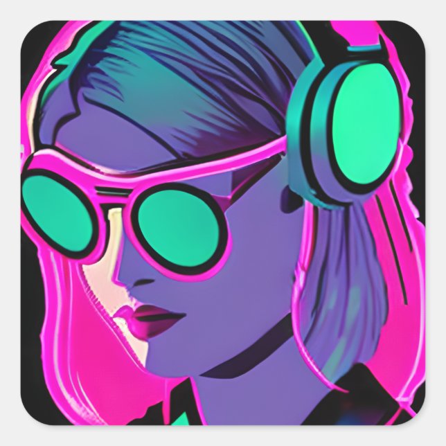 Adesivo Quadrado Lady in Fones de ouvido Jamming to Music (Frente)