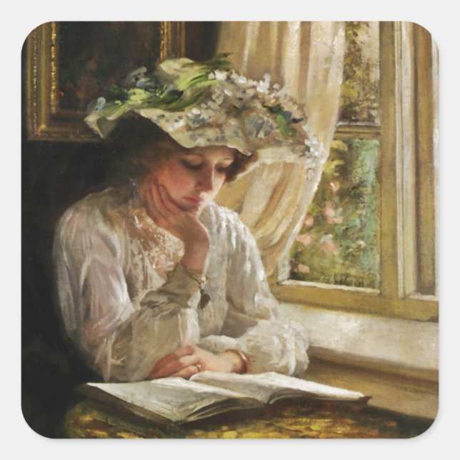Adesivo Quadrado Lady Reading by Window (Frente)