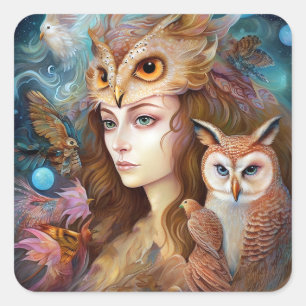 Adesivo Quadrado Lady With Owl Surreal Fantasy Art