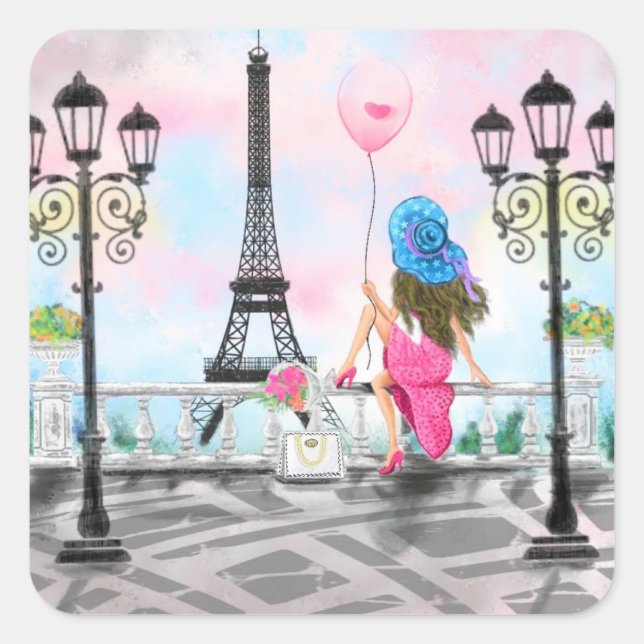 Adesivo Quadrado Lady with Pink Balloon Sticker - I Love Paris (Frente)