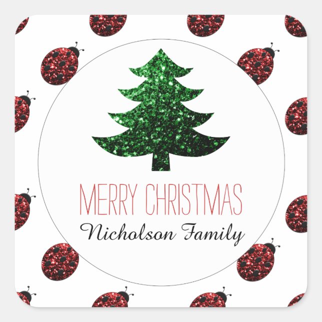 Adesivo Quadrado Ladybug + Árvore de Natal Verde brilha com a etiqu (Frente)