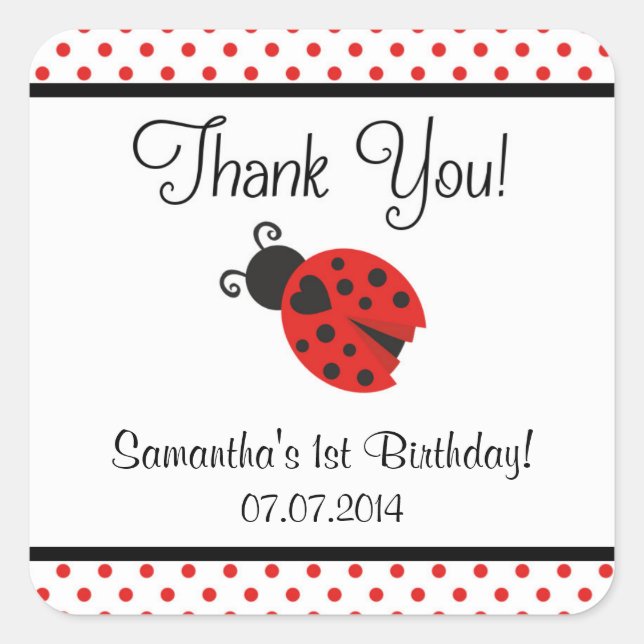 Adesivo Quadrado Ladybug Birthday Obrigado Stickers (Frente)