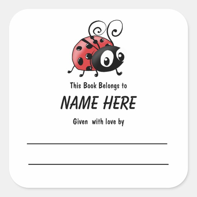 Adesivo Quadrado Ladybug Children's Bookplate com mensagem (Frente)