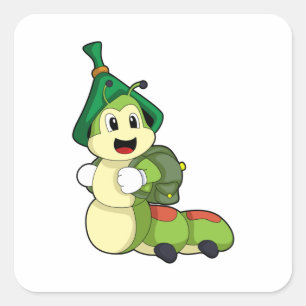 Adesivo Quadrado Lagarta como Estudante com Mochila