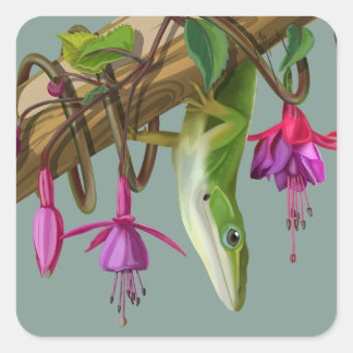 Adesivo Quadrado Lagarto anole verde com fúcsias 