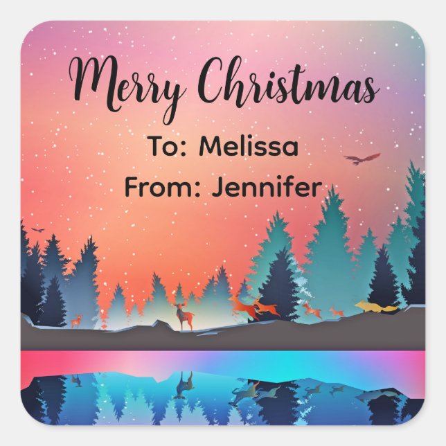 Adesivo Quadrado Lago de inverno Cênico com o Natal de Deer (Frente)