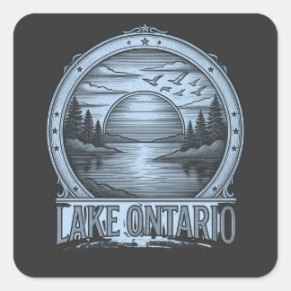 Adesivo Quadrado Lago Ontário Estilo de Gravura | Azul e Tons de Ci