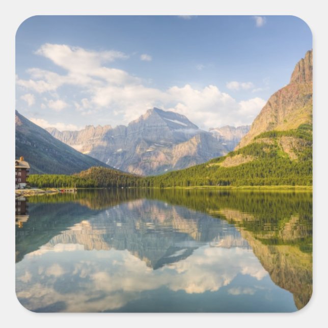 Adesivo Quadrado Lago Swiftcurrent com o hotel Many Glacier e (Frente)