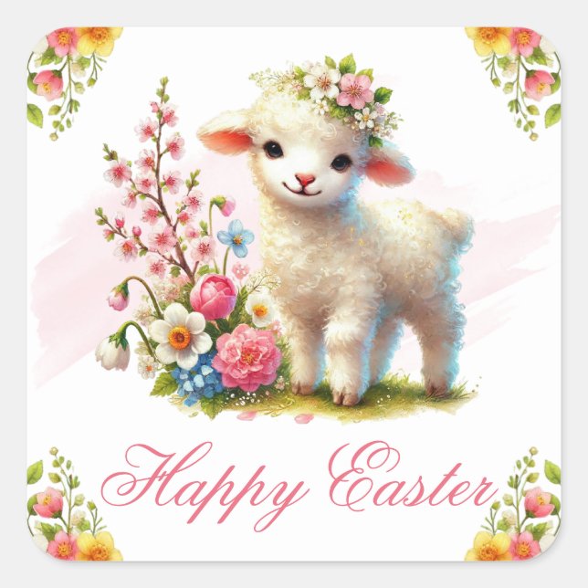 Adesivo Quadrado Lamb and Spring Flowers Happy Easter (Frente)