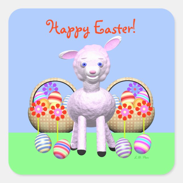 Adesivo Quadrado Lamb felz pascoa com Ovos de Páscoa (Frente)