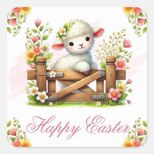 Adesivo Quadrado Lamb, Flower Crown & Wooden Gate Happy Easter (Frente)