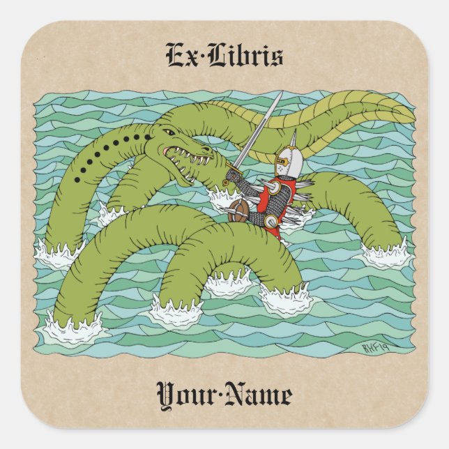 Adesivo Quadrado Lambton Worm e Knight Bookplate (Frente)