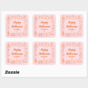 Adesivo Quadrado Laranja Cor-de-rosa, Mão-de-Pão-Pinta, Desenhada, 