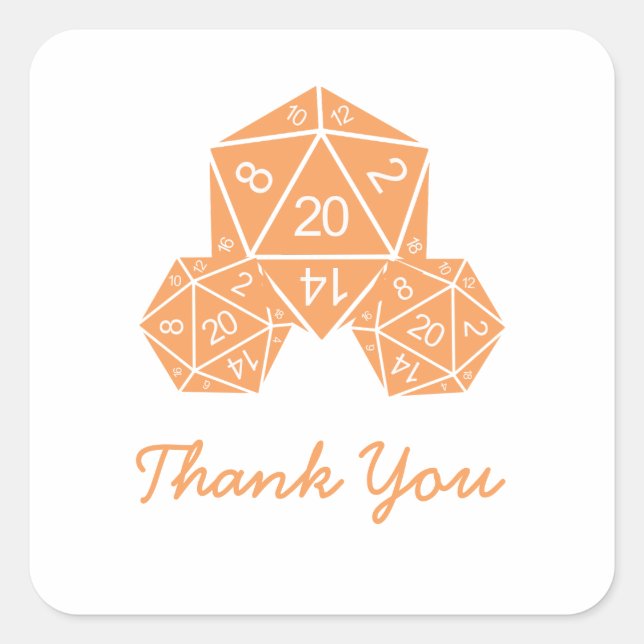 Adesivo Quadrado Laranja D20 Dice Obrigado Stickers (Frente)