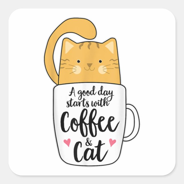 Adesivo Quadrado Laranja Engraçado Café Mug Cat Lover (Frente)