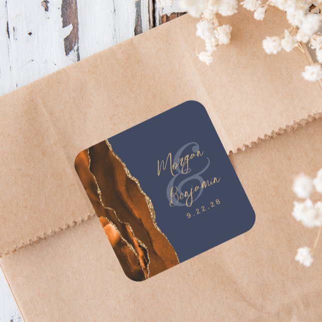 Adesivo Quadrado Laranja Queimada Ágata Dourado Script Azul Marinho (Criador carregado)
