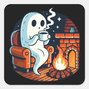 Adesivo Quadrado Lareira de Fogo de Fantasma Aconchegante Bebida Qu