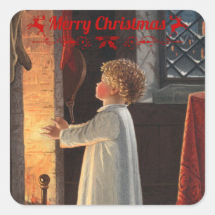 Adesivo Quadrado Lareira de Natal, meias e criança