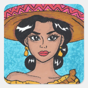 Adesivo Quadrado Latina Desenhada Mão com Sombrero