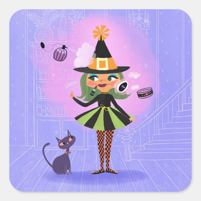 Adesivo Quadrado Lavanda de bruxa verde e rosa do Halloween (Frente)