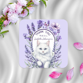 Adesivo Quadrado Lavanda Elegante e Aniversário de Gato