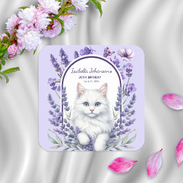 Adesivo Quadrado Lavanda Elegante e Aniversário de Gato