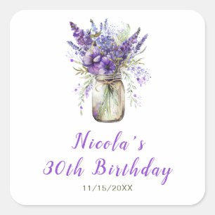 Adesivo Quadrado Lavanda Mason Jar Birthday