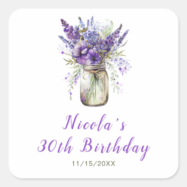 Adesivo Quadrado Lavanda Mason Jar Birthday (Frente)