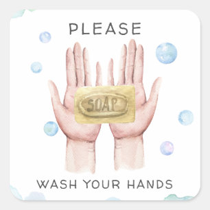 Adesivo Quadrado Lave Suas Mãos Vinheta de Ilustração de Aquarela