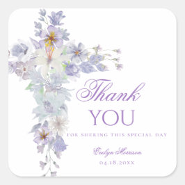 Adesivo Quadrado Lavender Floral Cross Baptism Sticker
