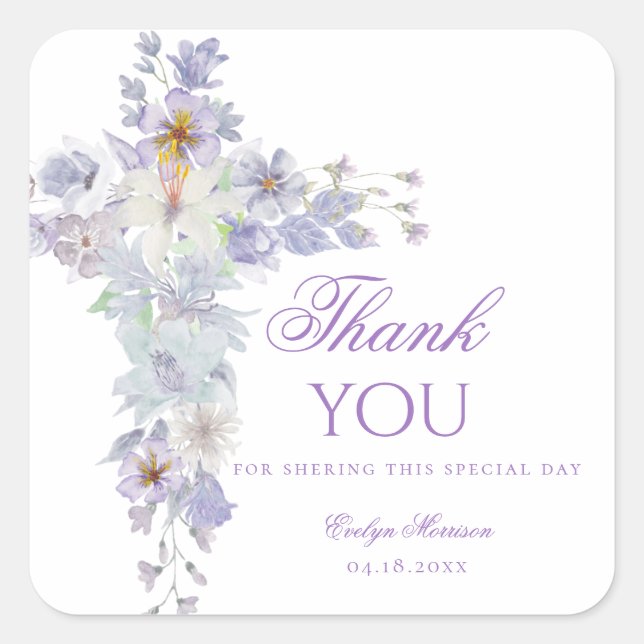 Adesivo Quadrado Lavender Floral Cross Baptism Sticker (Frente)