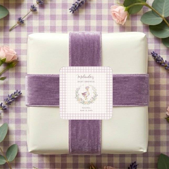 Adesivo Quadrado Lavender Gingham Goose Envelope Seal LPM26 (Whimsical Baby Shower Square Sticker Featuring a Watercolor Effect Goose)